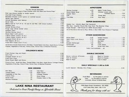 Lake Nina Restaurant Dinner Menu Groesbeck &amp; Delhi Ohio 1980&#39;s - $17.82