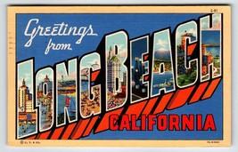 Greetings From Long Beach California Large Letter Linen Postcard Curt Teich 1940 - £4.40 GBP