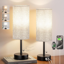 Bedside Lamp for Bedroom Set of 2 Grey - Nightstand Table Lamp with USB a + C Ch - £39.44 GBP