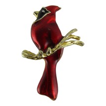Cardinal Bird Red w Gold Tone Enamel Brooch Pin Perched on Branch 2.5 Inch - £7.70 GBP
