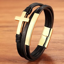 Charm Rope Stainless Steel Magnetic Gold Silver Color Genuine Leather Men Bracel - £11.17 GBP