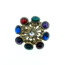 Round Goldtone Pin Red Green Purple Blue Stones Rhinestone Costume Jewelry Craft - £0.74 GBP