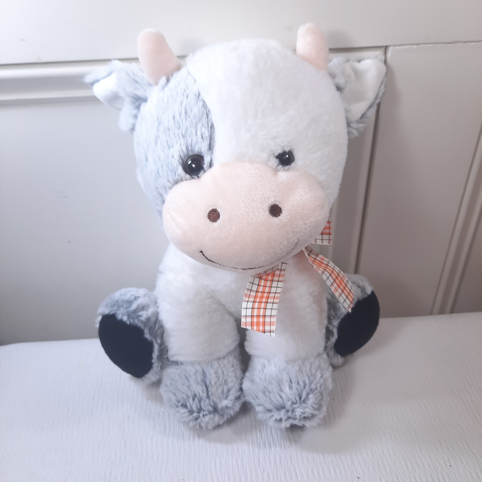 Walmart Cow plush Stuffed Animal White grey plaid bow gray horns calf si... - $31.00
