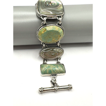 Sterling Silver Chunky Bracelet Abalone Shell &amp; Green Turquoise Signed PB 8&quot; - £126.50 GBP