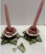 Set of 2 Capodimonte Matte Finish Ceramic Flower Candle Holders with Can... - $384.78 MXN