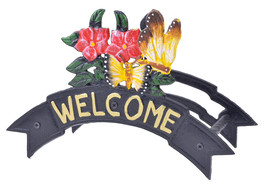 Welcome Garden Hose Holder Reel Butterflies &amp; Flowers Black Cast Iron 12.38&quot; W - £18.35 GBP