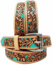 Unisex 1.5&quot; Western Floral Tooled Teal Inlay Full-Grain Leather Belt 26RT20TL - £38.49 GBP