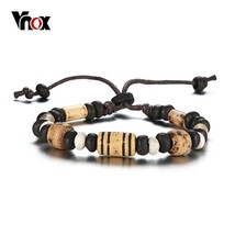 Vnox Retro Wood Beads Charm Bracelet for Men Woman Nylon Rope Ethnic Tribal Wris - £8.94 GBP