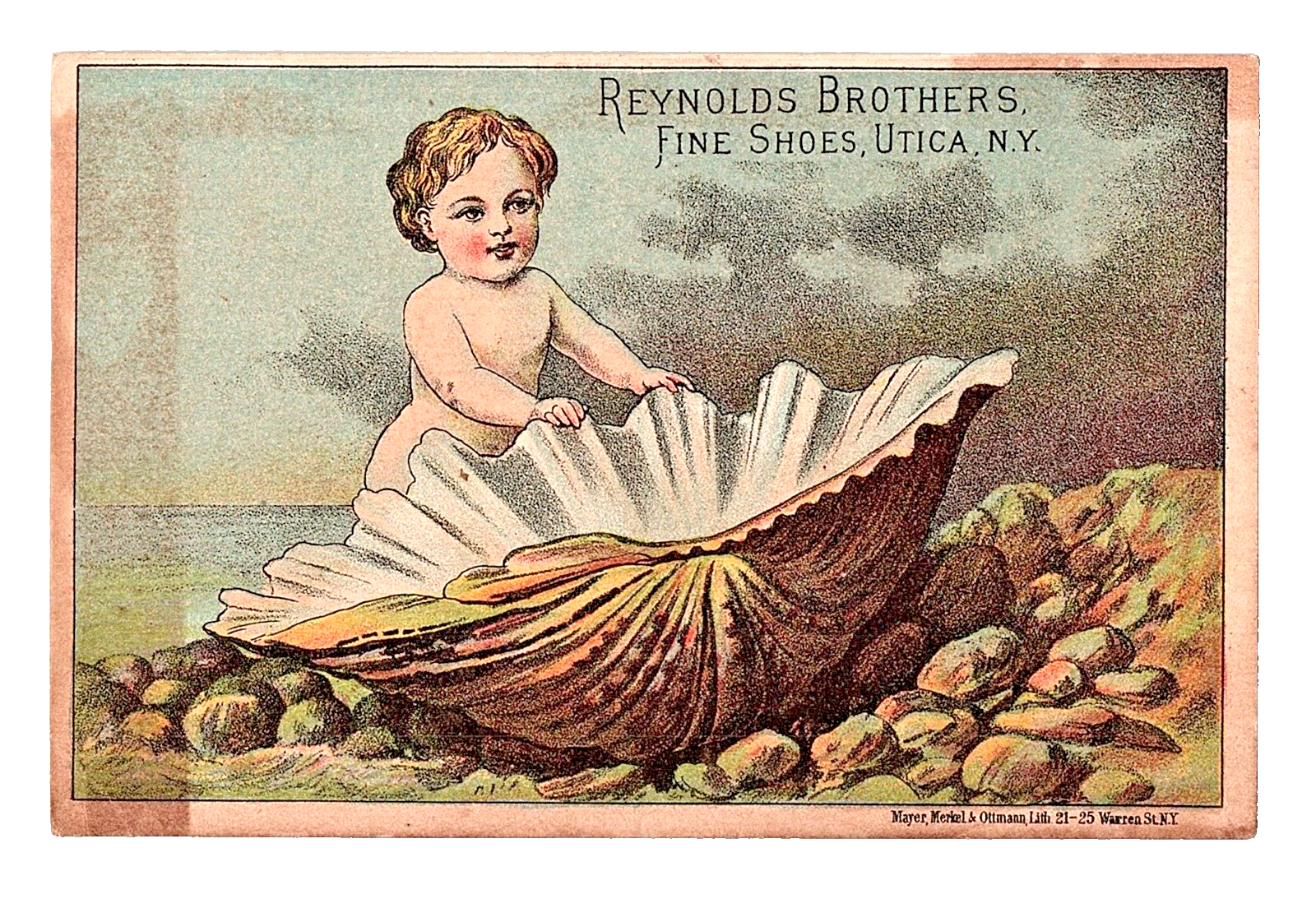 Victorian Trade Card 1880's Reynolds Brothers Shoes Child Giant Shell Utica, NY - $17.82