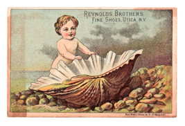 Victorian Trade Card 1880&#39;s Reynolds Brothers Shoes Child Giant Shell Ut... - £14.22 GBP