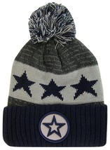 Dallas Texas Star &amp; D Patch Ribbed Cuff Knit Winter Pom Beanie Star Navy/Gray Pa - £11.67 GBP