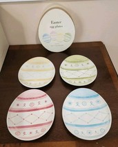 Pottery Barn Easter 8&quot; Egg Plate Set 4Pc Embossed Pink Blue Green Yellow w/ Box - $42.08