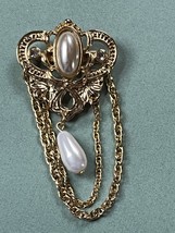 Victorian Reproduction Goldtone w Faux White Pearl Oval Cab &amp; Double Chains w  - £10.46 GBP