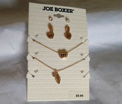 Joe Boxer &quot;m&quot; Heart Leaf Pendant Multilayer Necklace Earrings Gold Tone Set - £6.36 GBP