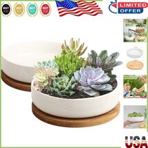 Set of 2, 6-Inch White Ceramic Succulent Pots with Bamboo Tray for Indoo... - $38.51 CAD
