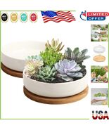 Set of 2, 6-Inch White Ceramic Succulent Pots with Bamboo Tray for Indoo... - $508.39 MXN