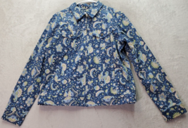 Charter Club Jacket Women Medium Blue Floral Cotton Pockets Collared Full Zipper - £18.13 GBP