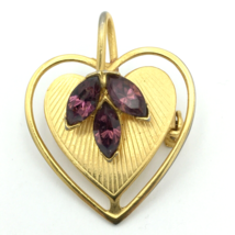SWEETHEART vintage purple rhinestone heart pin pendant - goldtone outline brooch - £14.42 GBP