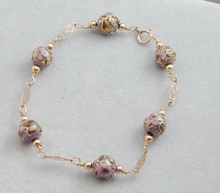 Vintage Gold Filled Filigree Link Cloisonné Champleve Bead Bracelet 7.5&quot; - $40.67 CAD