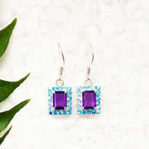 Exotic Purple Amethyst / Blue Topaz Gemstone Earrings, Birthstone Earrings, 925 - £31.69 GBP