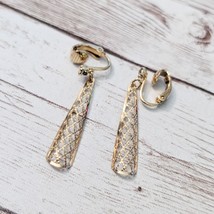 Vintage Clip On Earrings Gold Tone Lattice Like Dangle with Clear Gem - $14.99