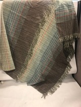 WOOL striped blanket shawl afghan fringe blue brown neutral 56 by 55 inch - £20.11 GBP