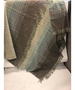 WOOL striped blanket shawl afghan fringe blue brown neutral 56 by 55 inch - £20.15 GBP
