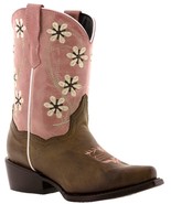Girls Pink Flower Embroidered Cowgirl Brown Leather Boots Snip Toe - €47,76 EUR