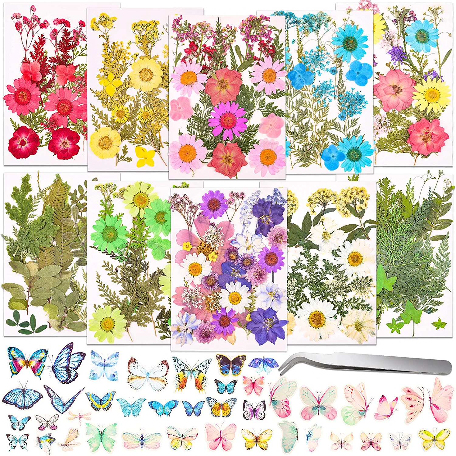 297 Pcs Dried Pressed Flowers Butterfly Stickers For Resin, Real Natural... - £41.75 GBP