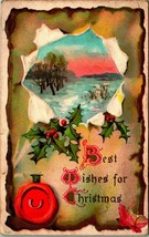 Best Auguri per Natale Inverno Scene Agrifoglio Cera Seal Unp DB Cartolina E12 - £4.04 GBP