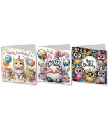 3 Greeting Cards Owls Cats Happy Birthday Greeting Jewel Art COMPLETE U ... - $14.99