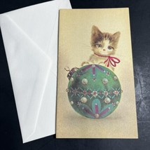 Christmas Card Kitten Gray White Tabby Cat Ornament Norcross MCM Vintage Unused - £7.04 GBP