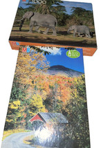 2 Vtg 90’s MB  Puzzles 1000pc Mother Elephant W Calf 300pc Red Covered Bridge - $14.03