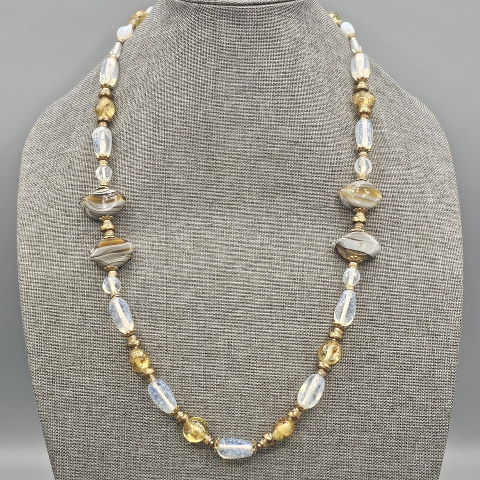 Art Glass Beaded Necklace Swirl Freeform Spotted Brown Golden Clear 29&quot; - $29.99