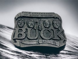 Vintage Pewter Embossed BUCK KNIVES Four Generations Knife Makers Belt Buckle - £17.97 GBP