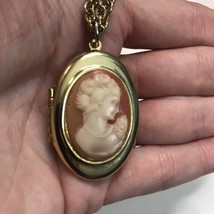 Vintage Cameo Locket Necklace Gold Tone Double Strand - $17.75