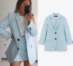 Zara Turquoise Blue Long Oversized Boyfriend Blazer bloggers favorite Si... - £66.52 GBP