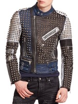 New Handmade Men Golden Studded Multi Color Leather Jacket Men Style Silver Stud - £207.56 GBP