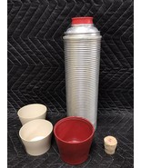 Vtg. Aluminum Quart Thermos Vacuum Bottle #2484 Ribbed With Cork, &amp; Red Cap - £14.62 GBP