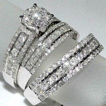 2.84 Ct  Real Moissanite Ring Wedding Trio Ring Set 14K White Gold Plated  - £135.37 GBP