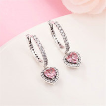 925 Sterling Silver Sparkling Halo Heart Hoop Earrings with Pink Zirconia  - $19.89