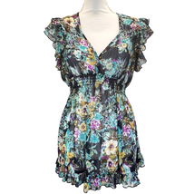 Poetry Floral Top Blue Blue Size M Sheer Short Sleeves Tunic Ruffles Tie... - £15.06 GBP