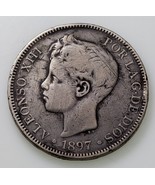 1897 (97) Spain 5 Pesetas Silver Coin in Fine Condition, KM# 707 - $67.71 CAD