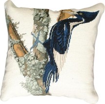 Throw Pillow Needlepoint Billed Woodpecker 18x18 Ivory Cotton Velvet Back Wool - £260.22 GBP
