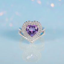 Heart Shaped Lovely Double Halo Ring - 100% Natural Amethyst Created by Earth - £104.74 GBP