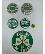 6 Kiss Me I&#39;m Irish St. Patrick&#39;s Day Green White Clover Button Pin Vintage - £18.67 GBP