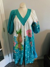 RAMONA RULL Mid-Century Green White Kaftan Dress 3/4 Sleeve Bird Flowers... - $179.95