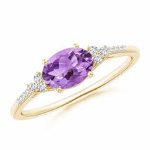 ANGARA Horizontally Set Oval Amethyst Solitaire Ring with Trio Diamond Accents - £458.64 GBP