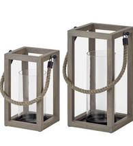 Set of 2 antiqued grey wooden candle lanterns with rope handle - £32.95 GBP