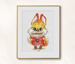 Fox cross stitch Coffee pattern pdf - Hippie fox embroidery morning coff... - $6.99